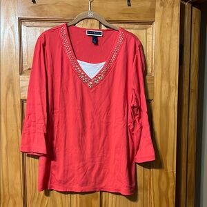 Karen Scott Women's Coral Top with Embellished Neckline
